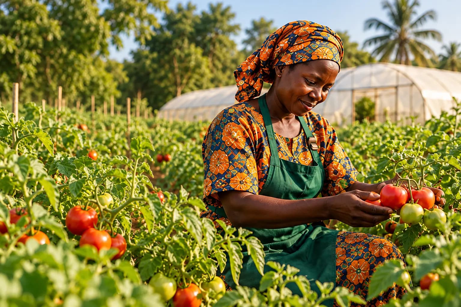 Woman farmer picking tomatoes in a Gandiol greenhouse (illustration)