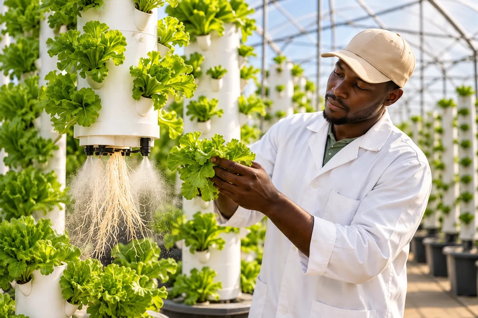 Technician in front of aeroponic towers (illustration)