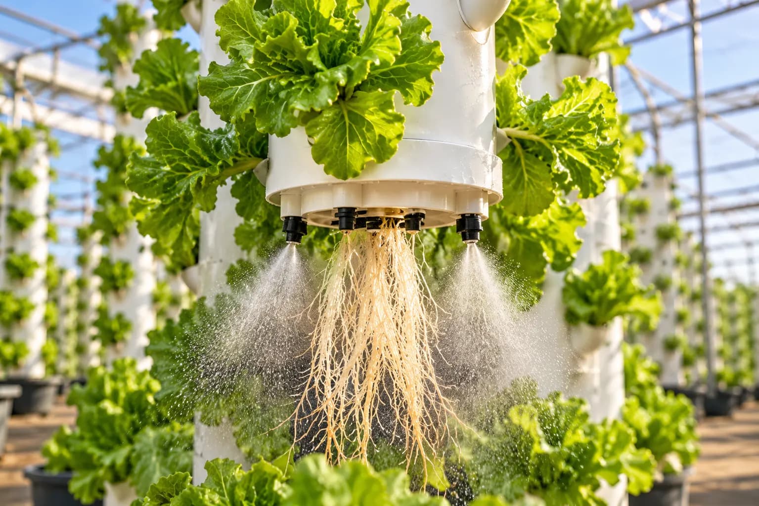 Aeroponic tower: hanging roots and misting (illustration)