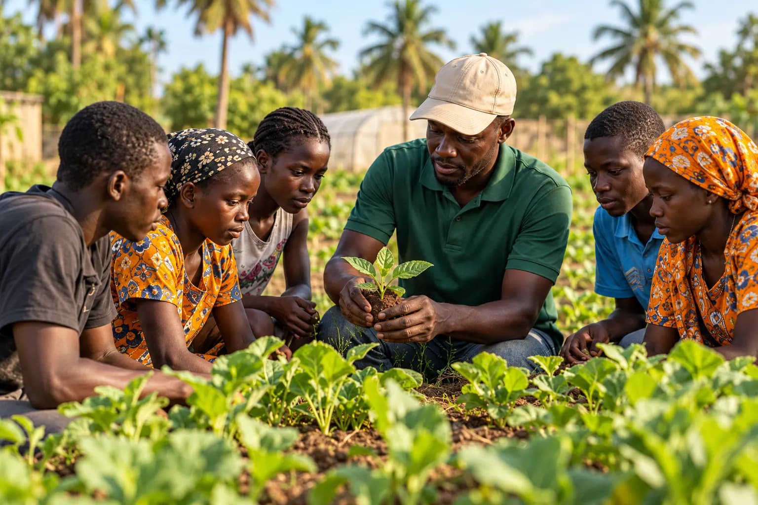 Agriculteur montrant un jeune plant à un groupe d’enfants (illustration)