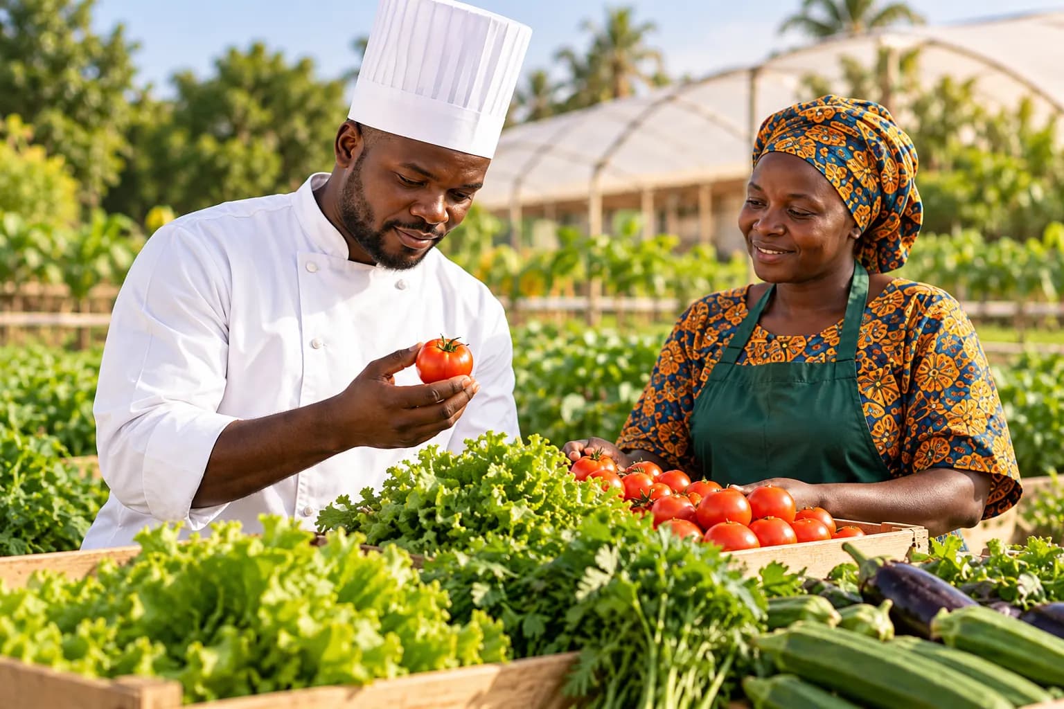 Chef cuisinier et productrice avec des tomates (illustration)