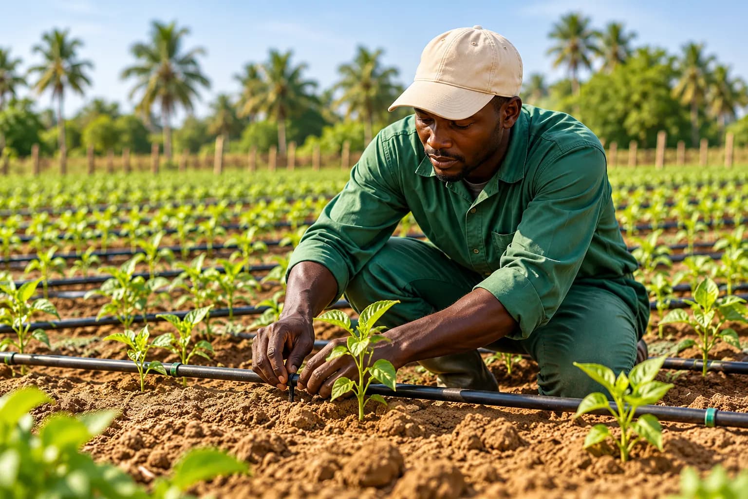 Farmer planting seedlings along a drip line (illustration)