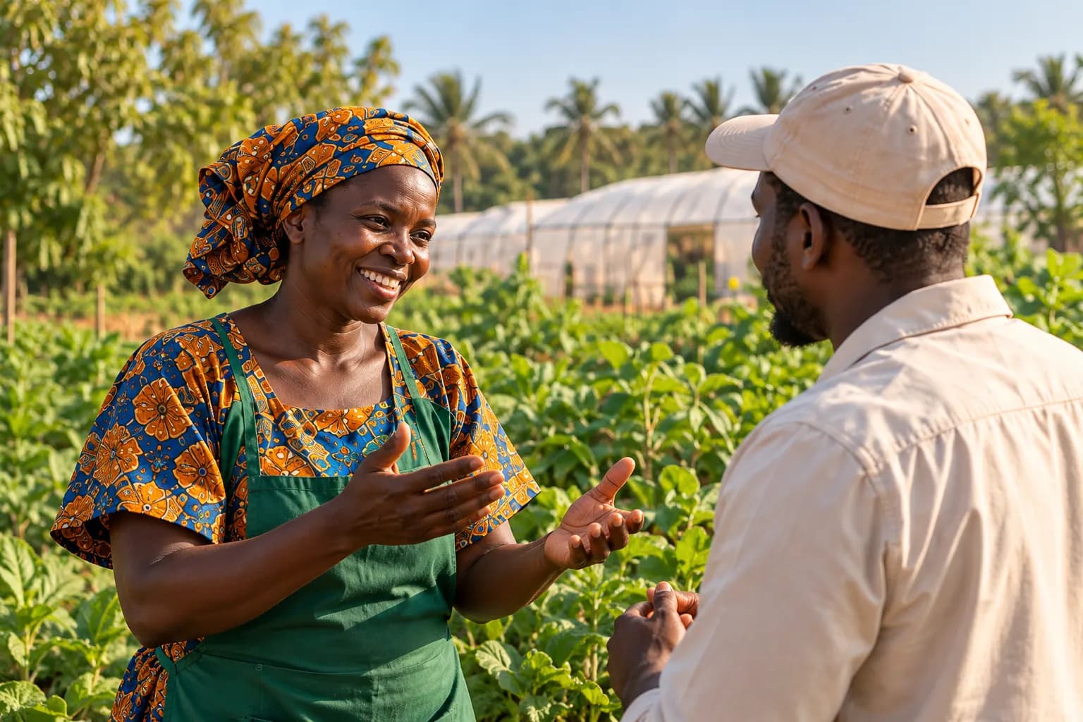 Productrice et agriculteur en discussion devant une serre (illustration)