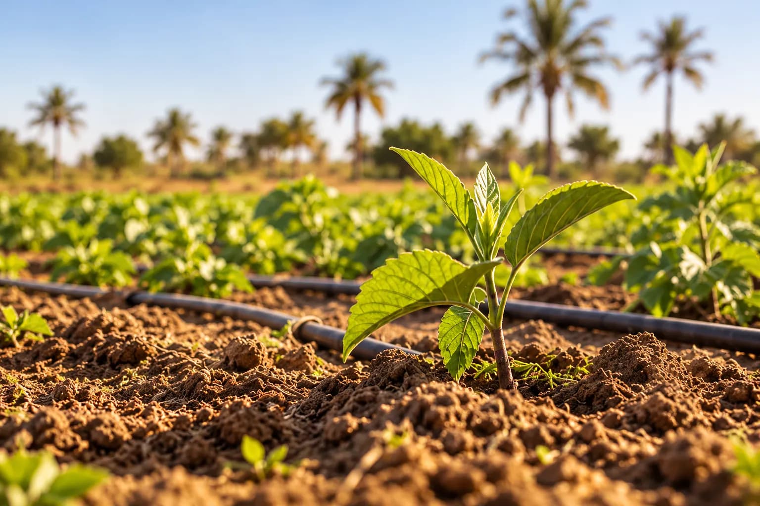 Jeune plant avec un tuyau d’irrigation goutte-à-goutte (illustration)