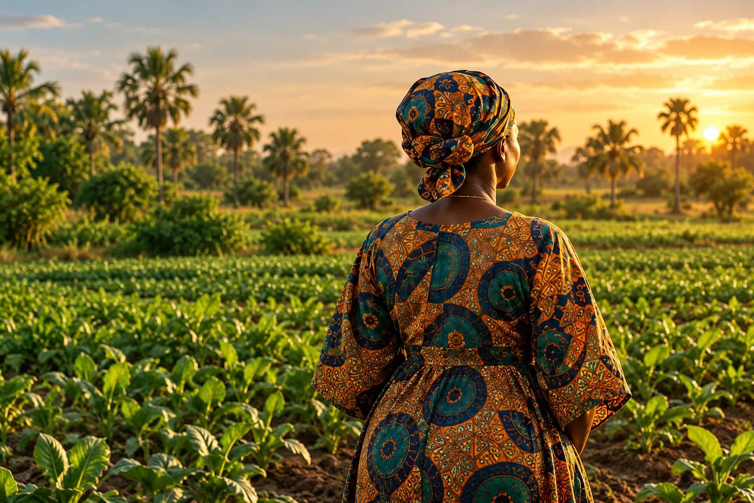 Woman farmer seen from behind in a field (illustration)