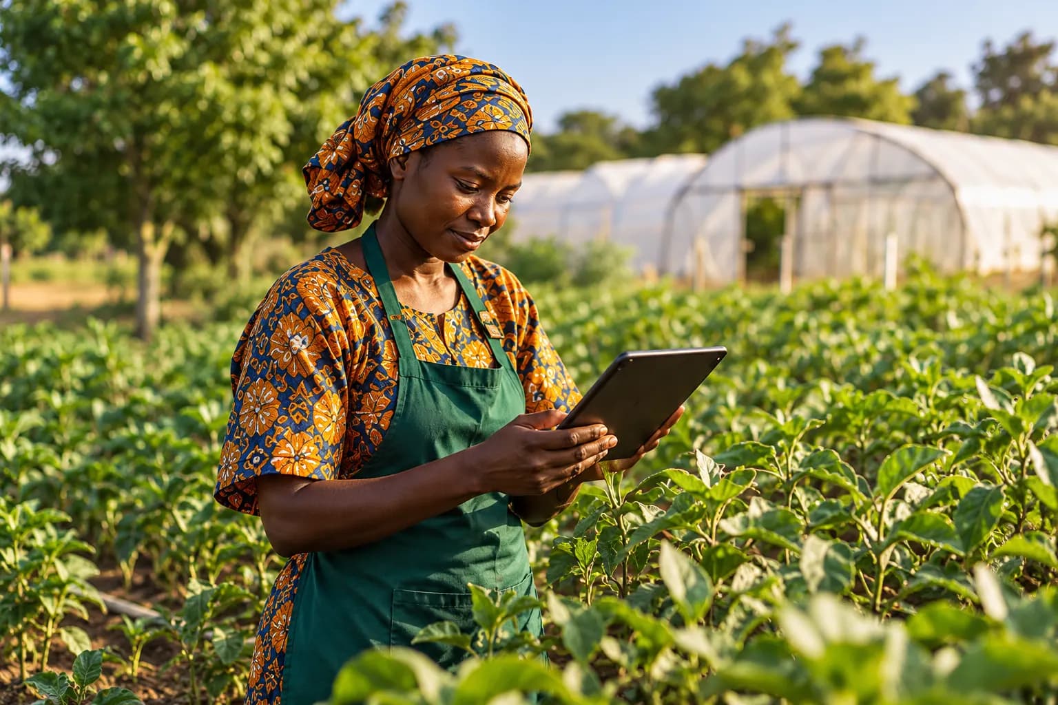 Woman farmer checking a tablet in a greenhouse (illustration)