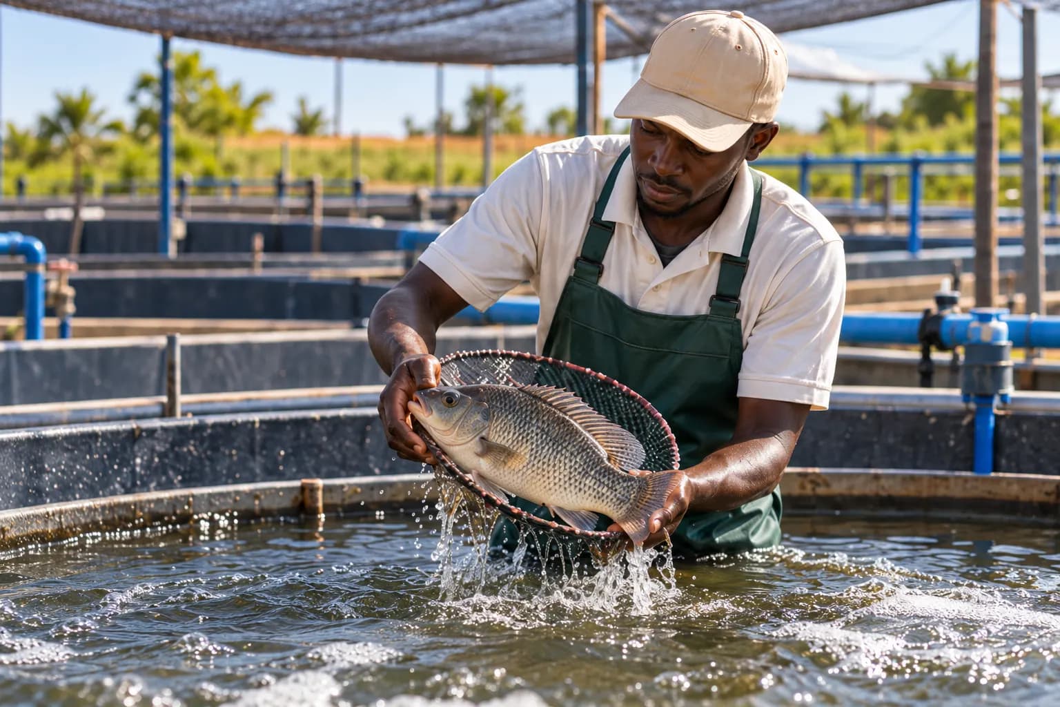 Fish farmer holding a tilapia in a net (illustration)