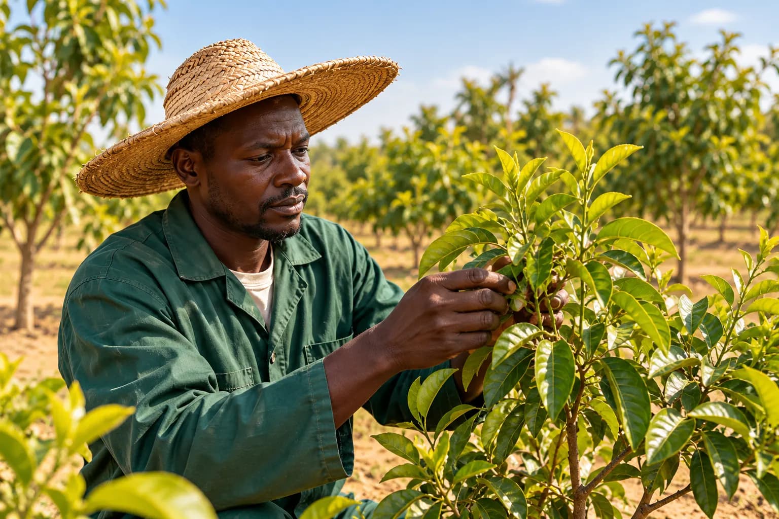 Fruit grower pruning a young mango tree (illustration)