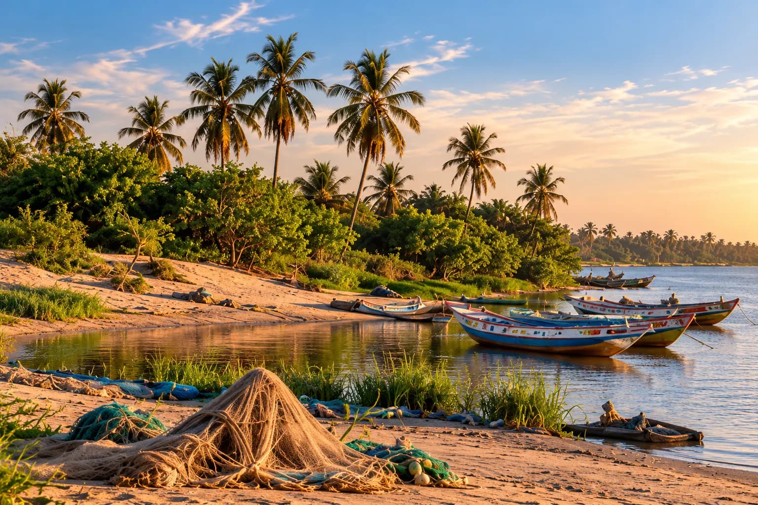 Fishing boats on the banks of Gandiol at sunset (illustration)